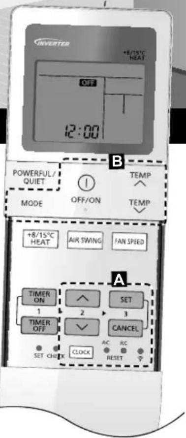 INVERTER +8/15°C HEAT OFF 12:00 POWERFUL/ QUIET MODE OFF/ON TEMP TEMP +8/15°C HEAT AIR SWING FAN SPEED A TIMER ON 1 2 SET TIMER OFF ✓ CANCEL SET CHICK CLOCK AC RC RESET
