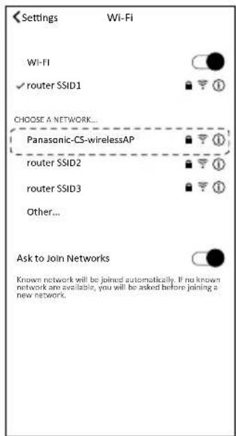 Settings Wi-Fi Wi-Fi ✓ router SSID1 CHOOSE A NETWORK... Panasonic-CS-wirelessAP router SSID2 router SSID3 Other... Ask to Join Networks Known network will be joined automatically. If no known network are available, you will be asked before joining a new network.