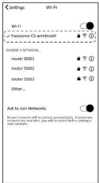 Settings WI-FI WI-FI Panasonic-CS-wirelessAP CHOOSE A NETWORK... router SSID1 router SSID2 router SSID3 Other... Ask to Join Networks Known network will be joined automatically. If no known network are available, you will be asked before joining a new network.