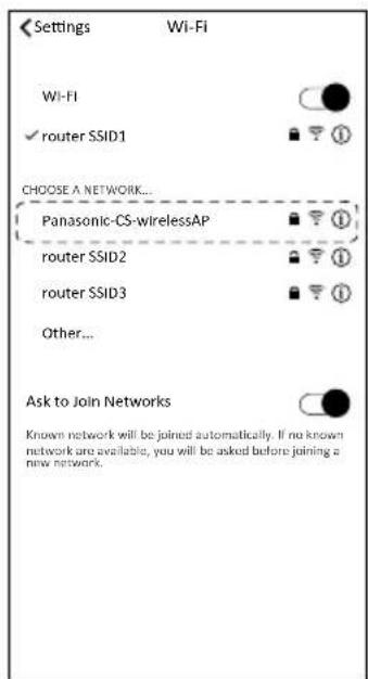 Settings Wi-Fi Wi-Fi ✓ router SSID1 CHOOSE A NETWORK... Panasonic-CS-wirelessAP router SSID2 router SSID3 Other... Ask to Join Networks Known network will be joined automatically. If no known network are available, you will be asked before joining a new network.