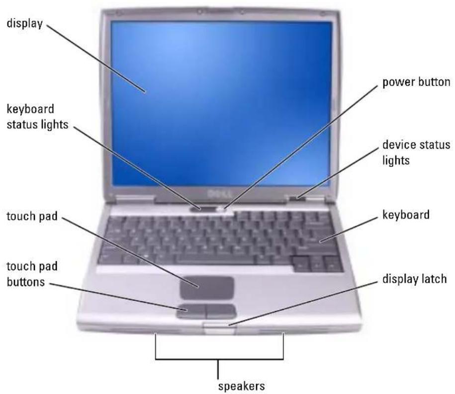 display keyboard status lights touch pad touch pad buttons power button device status lights keyboard display latch speakers