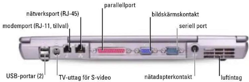 nätverksport (RJ-45) modemport (RJ-11, tillval) parallelport bildskärmskontakt seriell port USB-portar (2) TV-uttag för S-video nätadapterkontakt luftintag