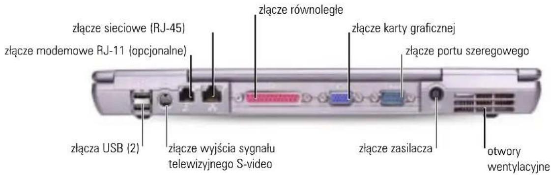 złącze sieciowe (RJ-45) złącze modemowe RJ-11 (opcjonalne) złącze równoległe złącze karty graficznej złącze portu szeregowego złącza USB (2) złącze wyjścia sygnału telewizyjnego S-video złącze zasilacza otwory wentylacyjne