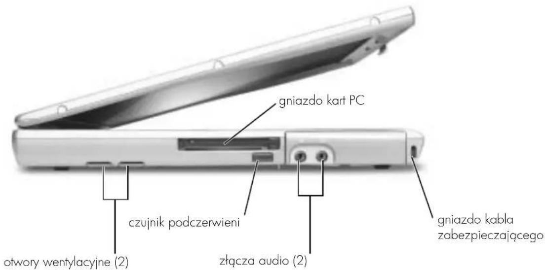 gniazdo kart PC czujnik podczerwieni otwory wentylacyjne (2) złącza audio (2) gniazdo kabla zabezpieczającego