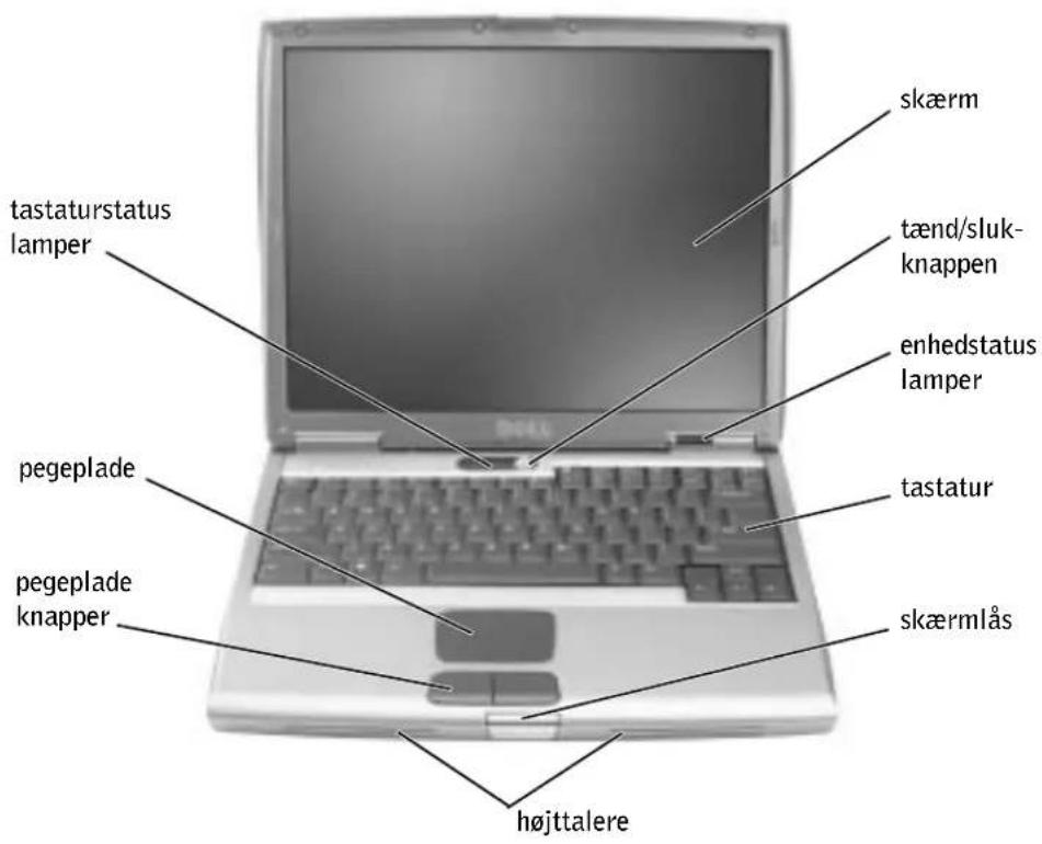 skærm tænd/sluk- knappen enhedstatus lamper tastaturstatus lamper pegeplade pegeplade knapper tastatur skærmlås højttalere