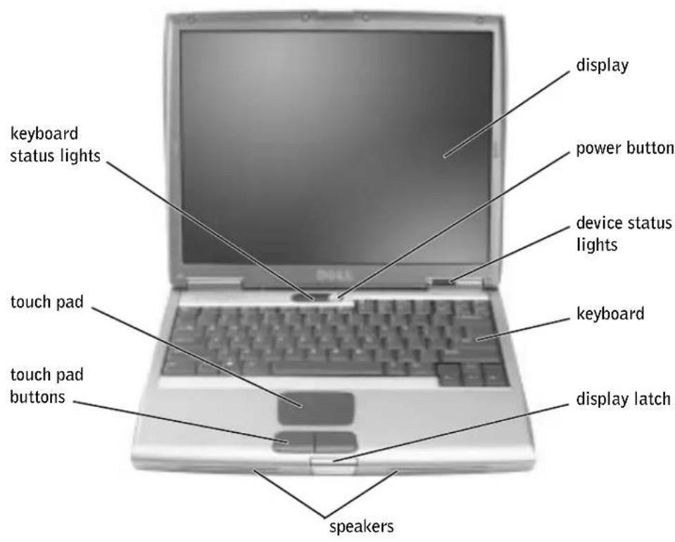 keyboard status lights touch pad touch pad buttons display power button device status lights keyboard display latch speakers