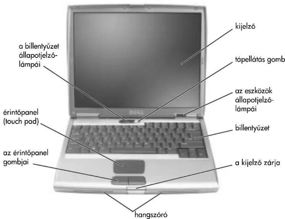 a billentyüzet állapotjelző- lámpái érintöpanel (touch pad) az érintöpanel gombjai kijelző tápellátás gomb az eszközök állapotjelző- lámpái billentyüzet a kijelző zárja hangszóró