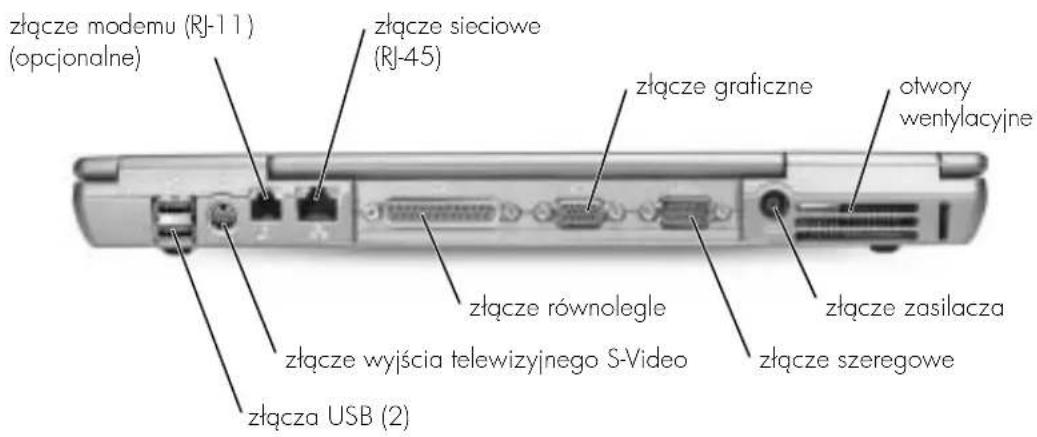złącze modemu (RJ-11) (opcjonalne) złącze sieciowe (RJ-45) złącze graficzne otwory wentylacyjne złącze równolegle złącze wyjścia telewizyjnego S-Video złącze szeregowe złącza USB (2)