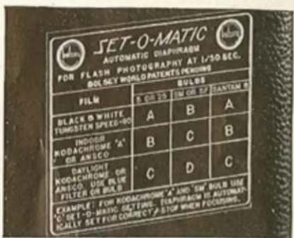 SET-O-MATIC AUTOMATIC DIAGNERS PON FLASH PHOTOGRAPHY AT 1/30 SEC. BOL SEY WORLD PATENTS PERIODS FILM BLACK O WHITE TUNGSTEN SPEED-90 INDOBER MODACHROME "A" OR ANESCO DAYLIGHT MODACHROME OR ANESCO USE BLUE FILTER OR BULS EXAMPLE: FOR MODACHROME "A" AND "B" BULB USE "C" OR "D" MARGIN GETTING. TURPHYLOW IT AUTOMICS SCALLY SET FOR CORRECT P-STEP WHEN FOCUSIONS.