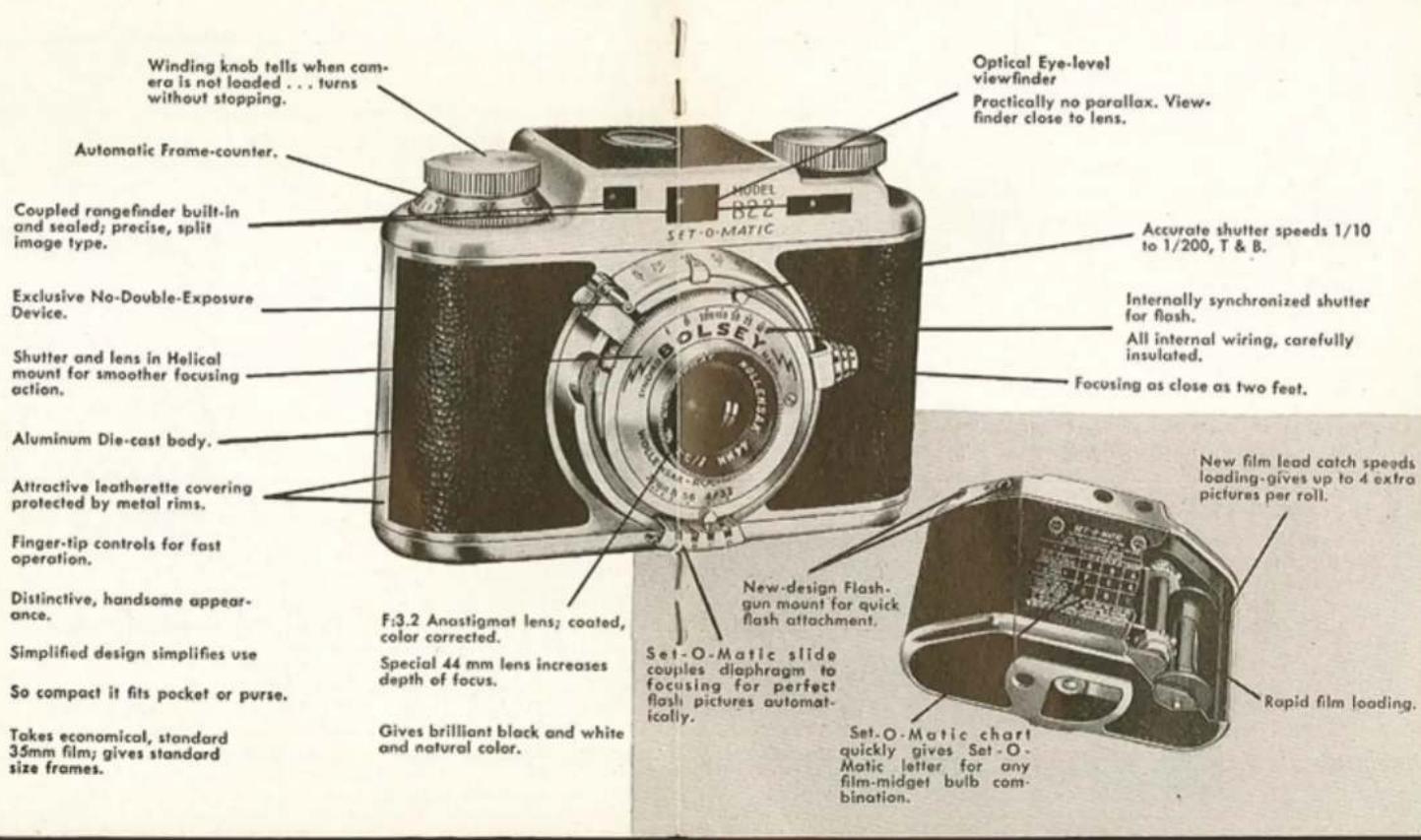 Winding knob tells when cam-era is not loaded . . . turns without stopping. Automatic Frame-counter. Coupled rangefinder built-in and sealed; precise, split image type. Exclusive No-Double-Exposure Device. Shutter and lens in Helical mount for smoother focusing action. Aluminum Die-cast body. Attractive leatherette covering protected by metal rims. Finger-tip controls for fast operation. Distinctive, handsome appearance. Simplified design simplifies use So compact it fits pocket or purse. Takes economical, standard 35mm film; gives standard size frames. Optical Eye-level viewfinder Practically no parallax. Viewfinder close to lens. Accurate shutter speeds 1/10 to 1/200, T & B. Internally synchronized shutter for flash. All internal wiring, carefully insulated. Focusing as close as two feet. New film lead catch speeds loading-gives up to 4 extra pictures per roll. New-design Flash-gun mount for quick flash attachment. Special 44 mm lens increases depth of focus. Set-O-Matic slide couples diaphragm to focusing for perfect flash pictures automatically. Gives brilliant black and white and natural color. Rapid film loading. Set-O-Matic chart quickly gives Set-O-Matic letter for any film-midget bulb combination.