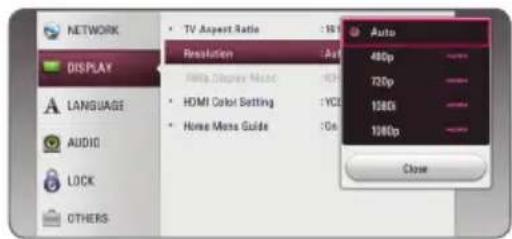 NETWORK DISPLAY LANGUAGE AUDIO LOCK OTHERS • TV Aspect Ratio : 100% Resolution : 400 HDMI Display Mode : 100% • HDMI Color Setting : 100% • Horse Maps Guide : 100% Auto 480p 720p 1500p 1000p Close