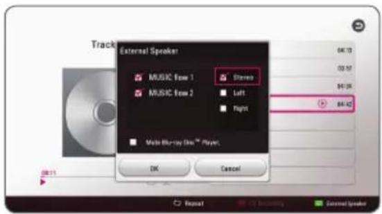 External Speaker MUSIC Eone 1 MUSIC Eone 2 Stereo Left Right Moto Blu-ray Disk Player. OK Cancel OK/13 00:57 84:36 84:42 DR-11 Reset Recruv External Speaker