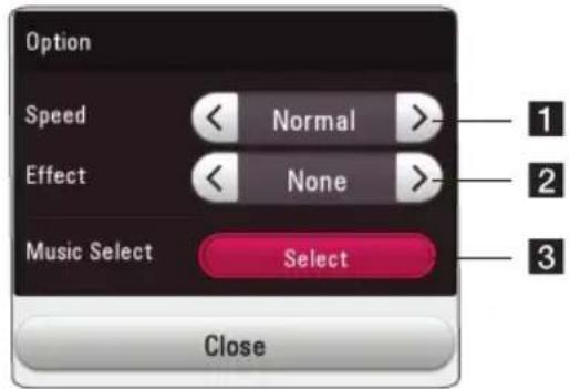 Option Speed < Normal >- Effect < None >- Music Select Select Close 1 2 3