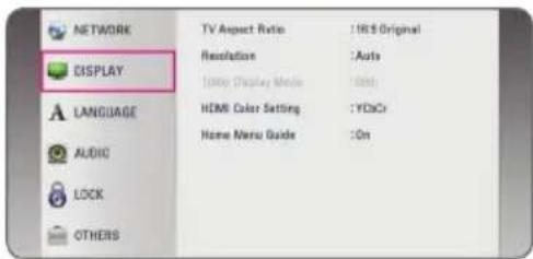NETWORK DISPLAY LANGUAGE AUDIO LOCK OTHERS TV Aspect Ratio :10% Original Resolution :Auto 100% Display Mode :10% HDMI Color Setting :1%Cr Home Menu Guide :On
