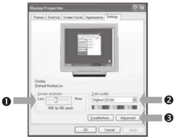 Display Properties Themes Desktop Screen Save Appearance Settings Display: (Default Monitor) on Screen resolution More 1000 by 900 pixels Color quality Highest (32 bit) Troubleshoot Advanced OK Cancel Apply