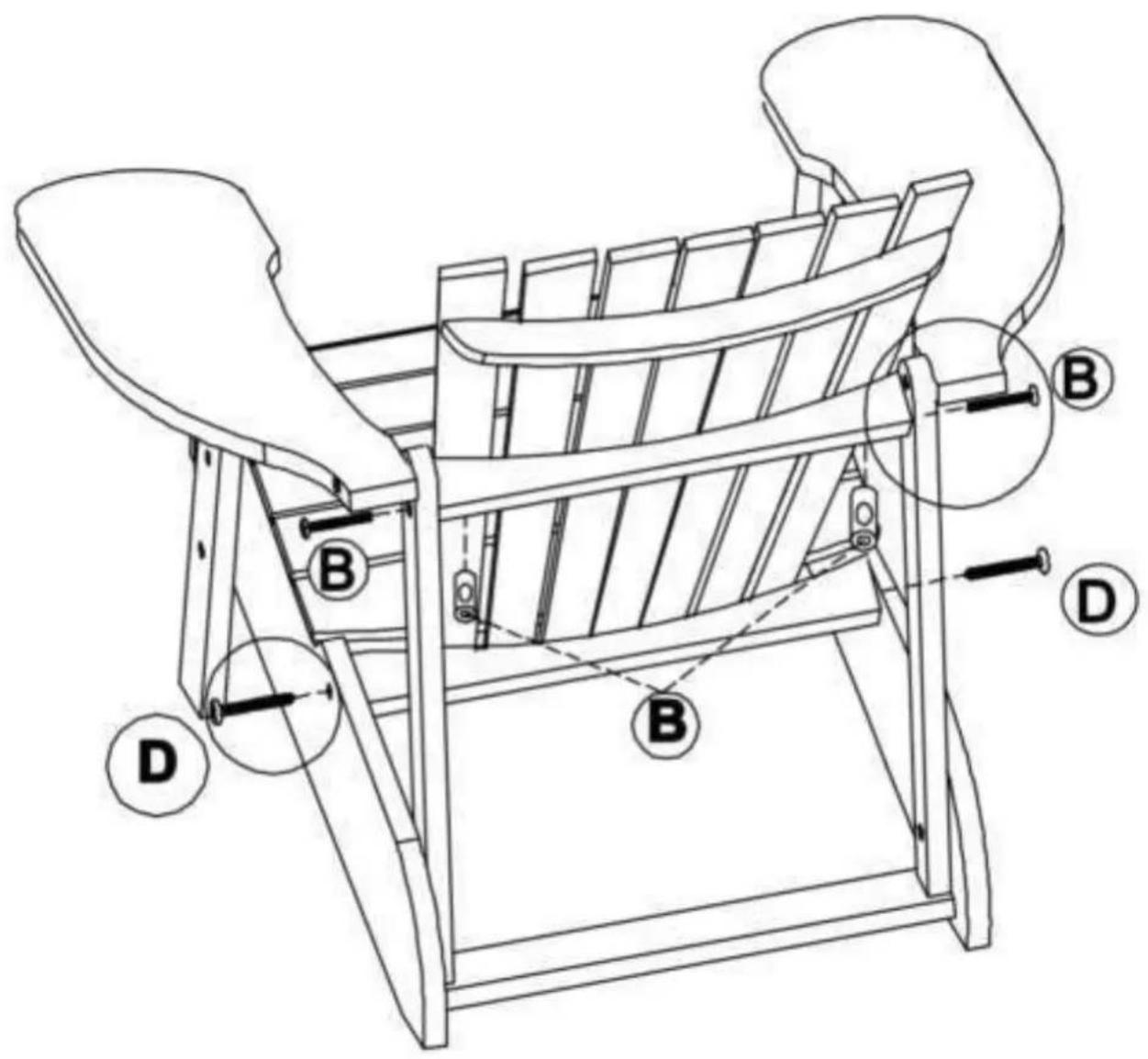 Technical diagram of a wooden folding chair with labeled parts B and D