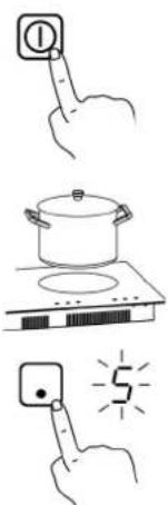 Illustration showing three steps of cooking: heating a pot, boiling on an induction cooker, and lighting a 5°C lamp.