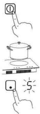 Illustration showing three steps of cooking a pot on a stove, with a numbered label indicating the step number.