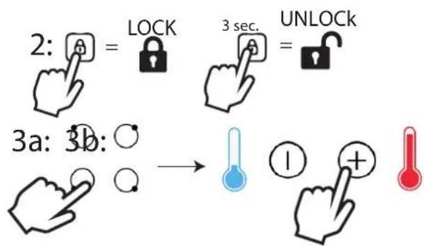 2: LOCK 3 sec. UNLOCK 3a: 3b: → ① +