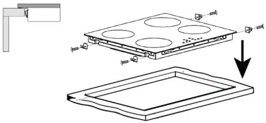 Technical diagram showing assembly of a multi-layered panel with mounting bracket and internal components, including a downward arrow indicating assembly or disassembly.
