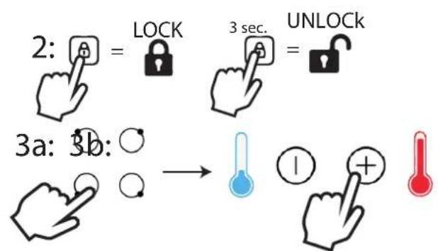 2: LOCK 3 sec. UNLOCK 3a: 3b: → ① +