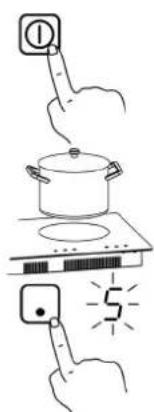Illustration showing cooking process with pot, stove, and timer, featuring a numbered label '5' indicating temperature or weight.