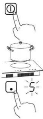 Illustration showing a cooking step with a pot on an induction cooktop and a digital timer displaying '5' to indicate speed.