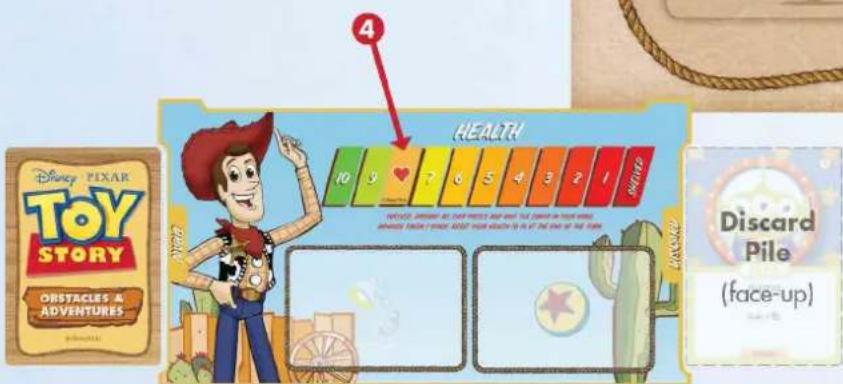 Disney PIXAR Toy STORY OBSTACLES & ADVENTURES WHOLE 4 HEALTH 10 9 7 6 5 4 3 2 1 NOTICE: ANGINS AT CHAP PRESS AND WHAT THE CREAM IN YOUR WORLD INNOISES FROM I OVER ABOUT YOUR WOUCH TO IS AT THE END OF THE WORLD DISCARD PILE (face-up)