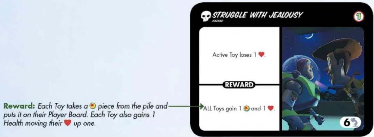 STRUGGLE WITH JEALOUSY HAZARID Active Toy loses 1 ♥. REWARD Reward: Each Toy takes a ✎ piece from the pile and puts it on their Player Board. Each Toy also gains 1 Health moving their ♥ up one.