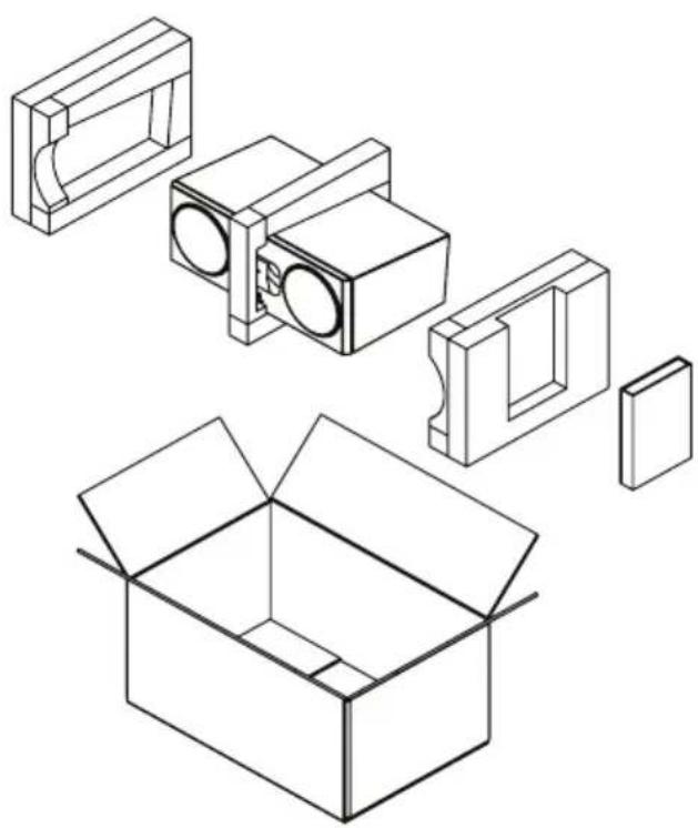 Technical line drawing of a cardboard box with internal components, shown from exploded and assembled views (no text or symbols)