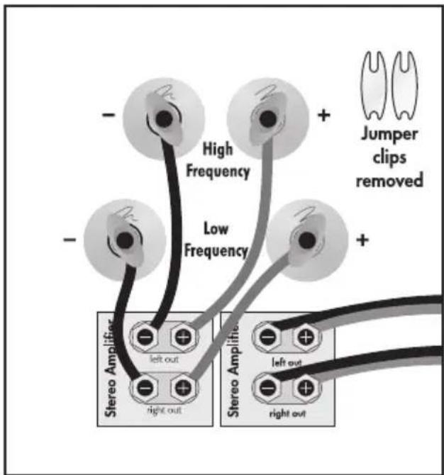 High Frequency Low Frequency Jumper clips removed Stereo Amplifier left out right out Stereo Amplifier left out right out