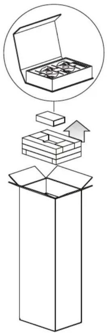 Diagram illustrating the step of adding a box into an open box, showing internal components and an upward arrow.