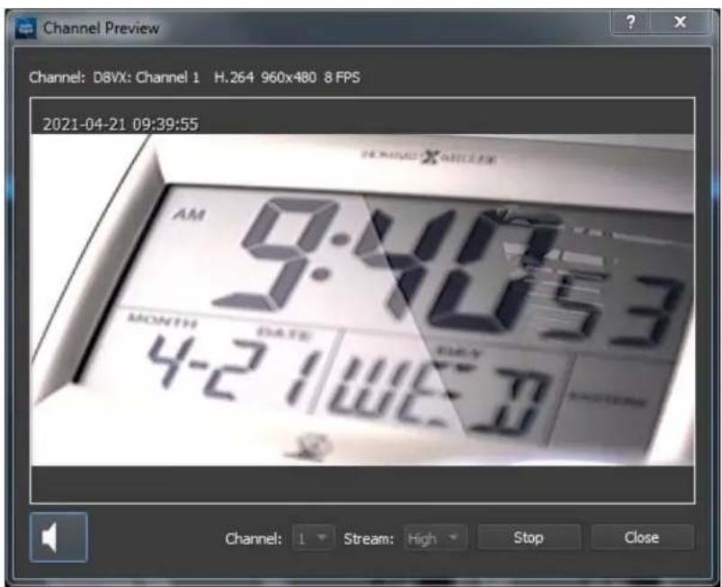 Channel Preview Channel: D8VX: Channel 1 H.264 960x480 8 FPS 2021-04-21 09:39:55 AM 9:40:53 MONTH DATE 4-21 W.E.T. Channel: 1 Stream: High Stop Close