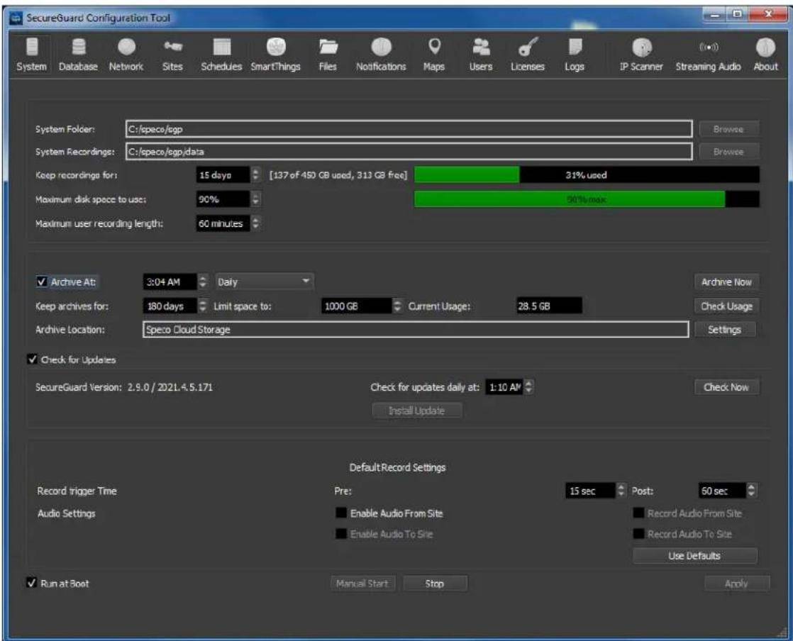 SecureGuard Configuration Tool System Database Network Sites Schedules SmartThings Files Notifications Maps Users Licenses Logs IP Scanner Streaming Audio About System Folder: C:/speco/egp System Recordings: C:/speco/egp/data Keep recordings for: 15 days [137 of 450 GB used, 313 GB free] 31% used Maximum disk space to use: 90% 50% max Maximum user recording length: 60 minutes Archive At: 3:04 AM Daily Archive Now Keep archives for: 180 days Limit space to: 1000 GB Current Usage: 28.5 GB Check Usage Archive Location: Speco Cloud Storage Settings Check for Updates SecureGuard Version: 2.9.0 / 2021.4.5.171 Check for updates daily at: 1:10 AM Check Now Install Update Default Record Settings Record trigger Time Pre: 15 sec Post: 60 sec Audio Settings Enable Audio From Site Record Audio From Site Enable Audio To Site Record Audio To Site Use Defaults Run at Boot Manual Start Stop Apply