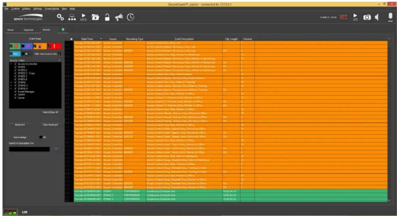 SecureGuard® jaylor - connected to 127.0.0.1 File Control Utilities Settings Screen Mode View Help speco Technologies Source Regulator Events Event Type Date Time Sources Recording Type Event Description Clip Length Channel Sun Apr 20/06/04/2021 Access Controls Access Control Data Slot List Sun Apr 20/06/04/2021 Access Controls Access Control Data Slot List Sun Apr 20/06/04/2021 Access Controls Access Control Data Slot List Sun Apr 20/06/04/2021 Access Controls Access Control Data Slot List Sun Apr 20/06/04/2021 Access Controls Success Control Access Control Data Slot, Kitchen to Warehouse Sun Apr 20/06/04/2021 Access Controls Access Control Data Slot, Kitchen to Warehouse Sun Apr 20/06/04/2021 Access Controls Success Control Access Control Data Slot, Kitchen to Warehouse Sun Apr 20/06/04/2021 Access Controls Success Control Access Control Data Slot, Kitchen to Warehouse Sun Apr 20/06/04/2021 Access Controls Success Control Access Control Data Slot, Kitchen to Warehouse Sun Apr 20/06/04/2021 Access Controls Success Control Access Control Dots, Kitchen to Warehouse Sun Apr 20/06/04/2021 Access Controls Success Control Access Control Dots, Kitchen to Warehouse Sun Apr 20/06/04/2021 Access Controls Success Control Access Control Dots, Kitchen to Warehouse Sun Apr 20/06/04/2021 Access Controls Success Control Access Control Dots, Kitchen to Exchange Sun Apr 20/06/04/2021 Access Controls Success Control Access Control Dots, Kitchen to Warehouse Sun Apr 20/06/04/2021 Access Controls Success Control Access Control Dots, Kitchen to Warehouse Sun Apr 20/06/04/2021 Access Controls Success Control Access Control Dots, Kitchen to Warehouse Sun Apr-20/06/04/2021 Access Controls Success Control Access Control Dots, Kitchen to Warehouse Sun Apr-20/06/04/2021 Access Controls Success Control Access Control Dots, Kitchen to Warehouse Sun Apr-20/06/04/2021 Access Controls Success Control Access Control Dots, Kitchen to Warehouse Sun Apr-20/13/13/2021 Access Controls Access Control Dots, Kitchen to Warehouse Sun Apr-20/13/13/2021 Access Controls Success Control Access Control Dots, Kitchen to Warehouse Sun Apr-20/13/13/2021 Access Controls Success Control Access Control Dots, Kitchen to Warehouse Sun Apr-20/13/13/2021 Access Controls Success Control Access Control Dots, Kitchen to Warehouse Sun Apr-20/13/13/2021 Access Controls Success Control Access Control Data Slot, Kitchen to Warehouse Sun Apr-20/13/13/2021 Access Controls Success Control Access Control Data Slot, Kitchen to Warehouse Sun Apr-20/13/13/2021 Access Controls Success Control Access Control Data Slot, Kitchen to Warehouse Sun Apr-20/13/13/2021 Access Controls Success Control Access Control Data Slot, Kitchen to Structure, Sun Apr-20/13/13/2021 Access Controls Success Control Access Control Data Slot, Kitchen to Structure, Sun Apr-20/13/13/2021 Access Controls Success Control Access Control Data Slot, Kitchen to Structure, Sun Apr-20/13/13/2021 Access Controls Success Control Access Control Data Slot, Kitchen to Structure, Sun Apr-19/13/13/2021 Access Controls Success Control Access Control Data Slot, Kitchen to Structure, Sun Apr-19/13/13/2021 Access Controls Success Control Access Control Data Slot, Kitchen to Structure, Sun Apr-19/13/13/2021 Access Controls Success Control Access Control Data Slot, Kitchen to Structure, Sun Apr-19/13/ Access Controls Success Control