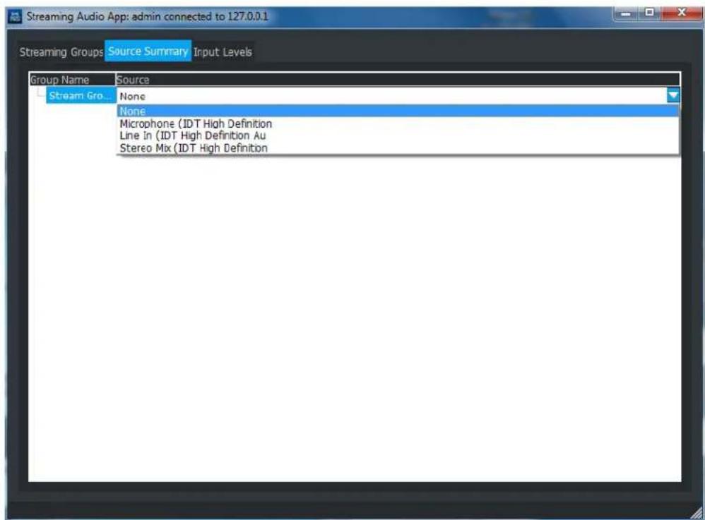Streaming Audio App: admin connected to 127.0.0.1 Streaming Groups: Source Summary Input Levels Group Name Source Stream Gro None None Microphone (IDT High Definition Line In (IDT High Definition Au Stereo Mix (IDT High Definition