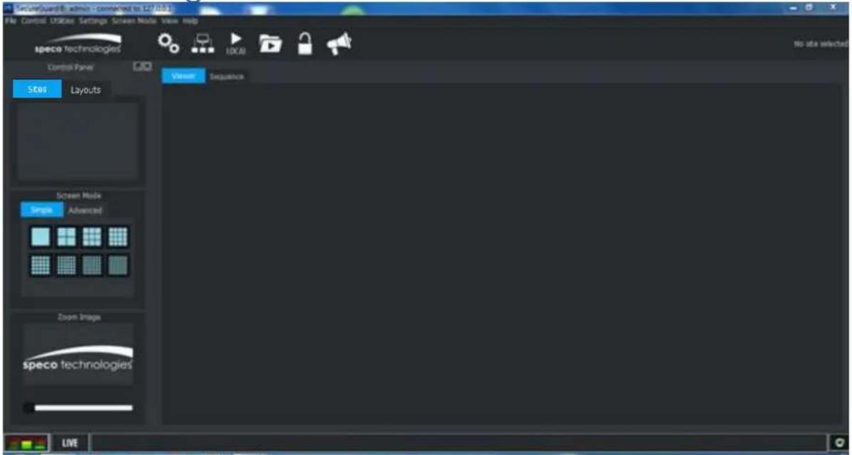 SpecoGuard® admin connected to L27.0013 File Control UbBox Settings Screen Mode View Help speco technologies Control Panel STGS Layouts Viewer Sequence No site selected Screen Mode Simple Advanced Zoom Image speco technologies LIVE