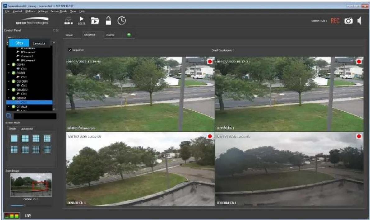 Secureguard@ phasing - connected to 107.101.16.187 File Control Utilities Settings Screen Mode View Help specio Technologies Control Panel Size Layouts PCamera1 PCamera2 Camera3 PCamera4 O2PAX Ch1 O2PAX Ch1 OUDBM Ch1 OKADF2 Ch1 ORBAM OKC-13 OTMLIP Ch1 Sequence Dell Countdown: 1 106/07/2020 11:24:41 106/07/2020 10:22:31 PHASEPCamera4 02-04-05 1 10/07/2020 10:09:06 UUT/FAV/10:05:39 O2RGB-Ch 1 O3DBM-Ch 1 Screen Mode Simple Advanced Down Image ORBOK-Ch 1 LIVE