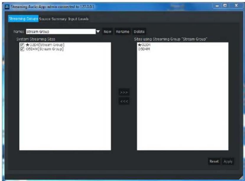 Streaming Audio App: admin connected to 127.0.0.1 Streaming Groups Source Summary Input Levels Name: Stream Group System Streaming Sites ★O2D4[Stream Group] OSD4M[Stream Group] New Rename Delete Sites using Streaming Group "Stream Group" ★O2D4 OSD4M Reset Apply
