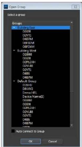 Open Group Select a group Groups Building East 02D8 02YT1 04D7M 08F87M 08FD4M Building West 02B68 02D8 02P12XH 02VL88 02VT1 04B6 04B7M Default Group 016H-U 08VXV2 Demo HRL Device Name(1) 02B66 02D8 02P12XH 02VL88 02YT1 04B5 04B7M Auto Connect to Group OK Cancel