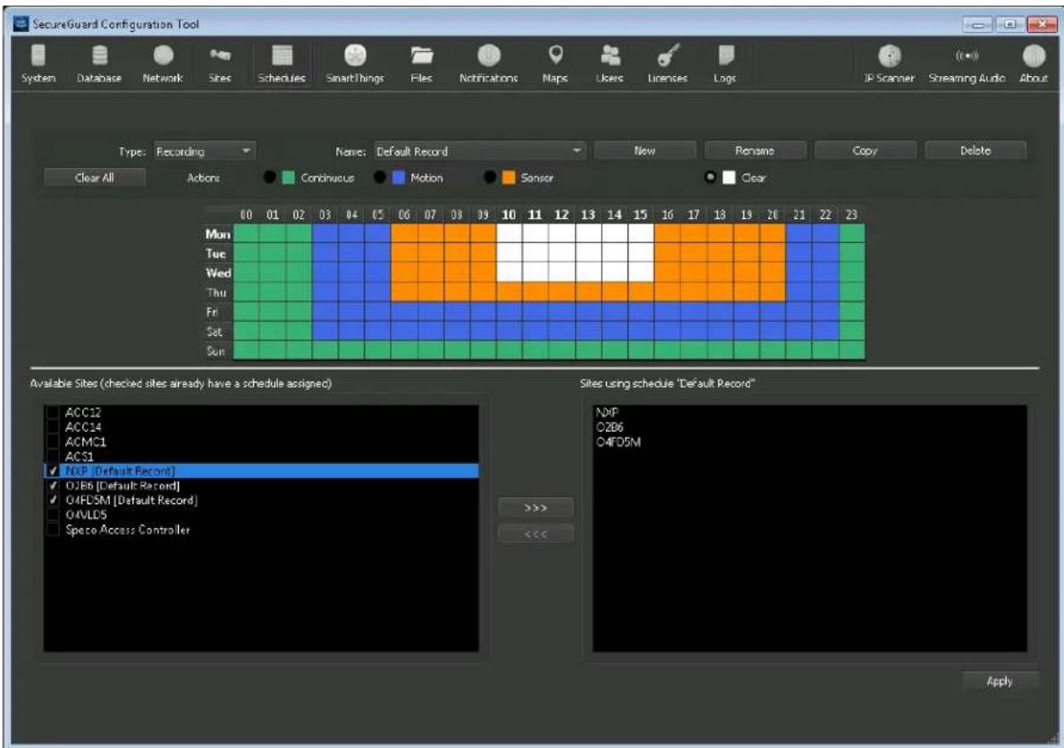SecureGuard Configuration Tool System Database Network Sites Schedules SmartThings Files Notifications Maps Users Licenses Logs JP Scanner Streaming Audio About Type: Recording Name: Default Record New Rename Copy Delete Clear All Actions Continuous Motion Sensor Clear 00 01 02 03 04 05 06 07 08 09 10 11 12 13 14 15 16 17 18 19 20 21 22 23 Mon Tue Wed Thu Fri Sat Sun Available Sites (checked sites already have a schedule assigned) ACC12 ACC14 ACMC1 ACS1 NXP [Default Record] O2B6 [Default Record] O4FDSM [Default Record] OAVLDS Space Access Controller Sites using schedule "Default Record" NXP O2B6 O4FDSM >>> <><>