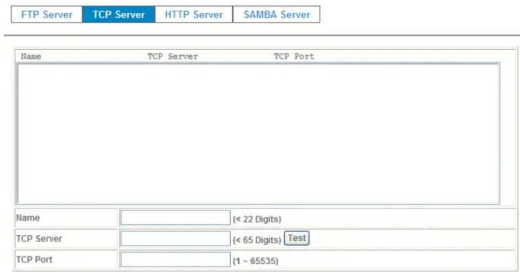 FTP Server TCP Server HTTP Server SAMBA Server Name TCP Server TCP Port Name (< 22 Digits) TCP Server (< 65 Digits) Test TCP Port (1 ~ 65535)