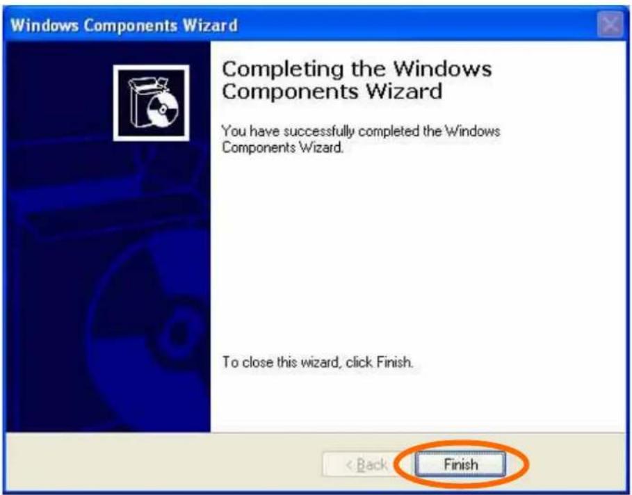 Windows Components Wizard Completing the Windows Components Wizard You have successfully completed the Windows Components Wizard. To close this wizard, click Finish. < Back Finish