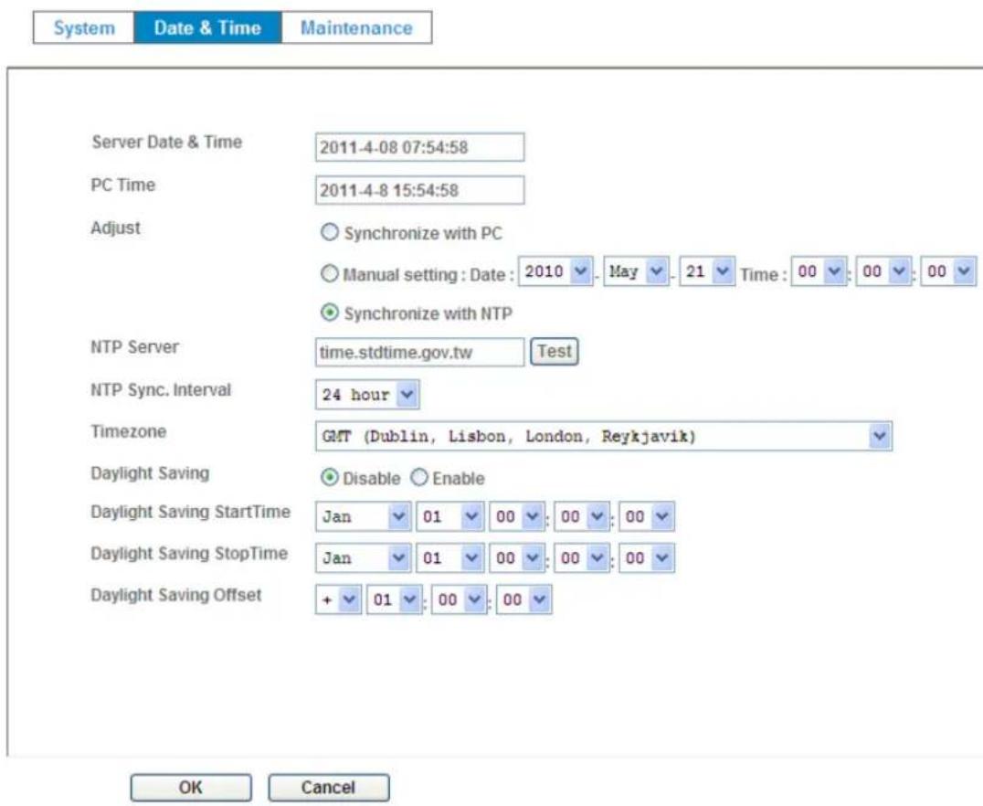 System Date & Time Maintenance Server Date & Time 2011-4-08 07:54:58 PC Time 2011-4-8 15:54:58 Adjust ○ Synchronize with PC ○ Manual setting : Date : 2010 ▼ May ▼ 21 ▼ Time : 00 ▼ 00 ▼ 00 ▼ ● Synchronize with NTP NTP Server time.stdtime.gov.tw Test NTP Sync. Interval 24 hour ▼ Timezone G&T (Dublin, Lisbon, London, Reykjavik) ▼ Daylight Saving ○ Disable ○ Enable Daylight Saving StartTime Jan ▼ 01 ▼ 00 ▼ 00 ▼ 00 ▼ Daylight Saving StopTime Jan ▼ 01 ▼ 00 ▼ 00 ▼ 00 ▼ Daylight Saving Offset + ▼ 01 ▼ 00 ▼ 00 ▼ OK Cancel
