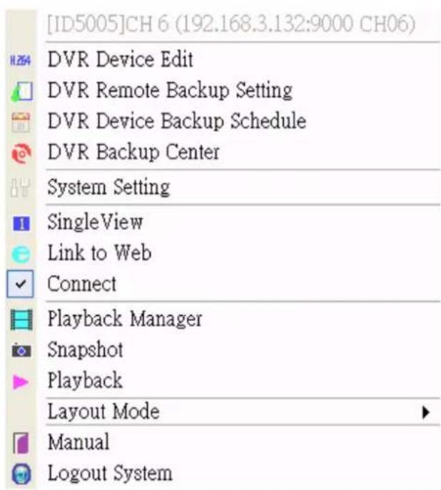 [ID5005]CH 6 (192.168.3.132:9000 CH06) H.254 DVR Device Edit DVR Remote Backup Setting DVR Device Backup Schedule DVR Backup Center System Setting SingleView Link to Web Connect Playback Manager Snapshot Playback Layout Mode Manual Logout System
