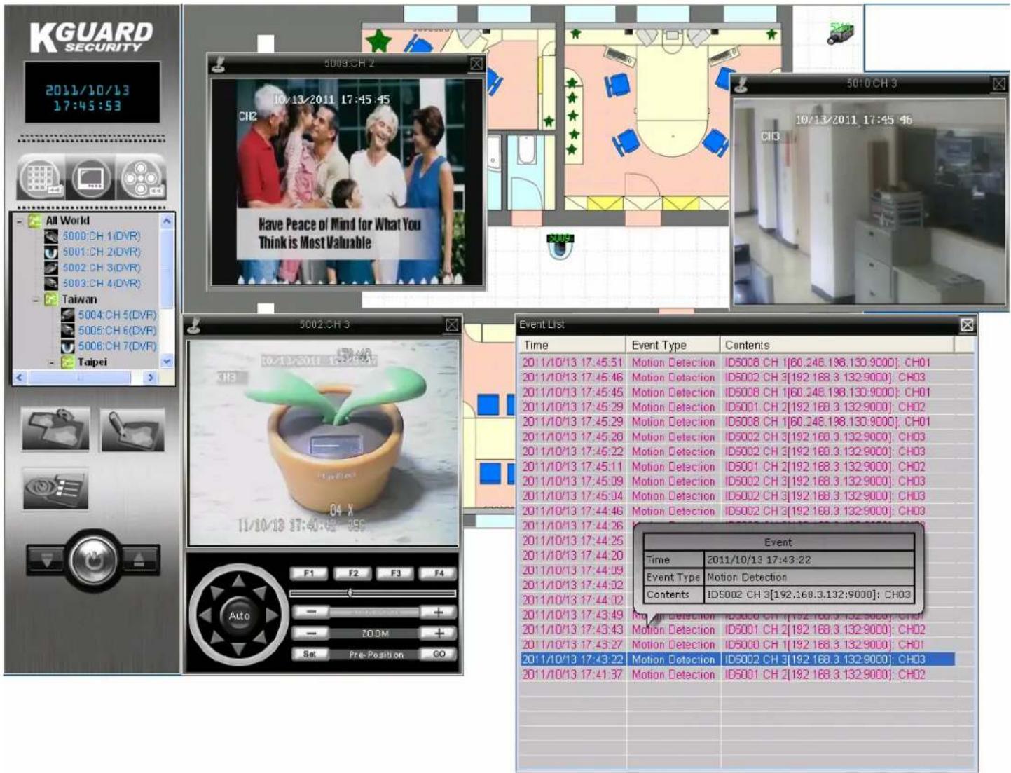 KGUARD SECURITY 2011/10/13 17:45:53 All World 5000.CH 1(DVR) 5001.CH 2(DVR) 5002.CH 3(DVR) 5003.CH 4(DVR) Taiwan 5004.CH 5(DVF) 5005.CH 6(DVF) 5006.CH 7(DVF) Taipei 5009.CH 2 10/13/2011 17:45:45 CH2 Have Peace of Mind for What You Think is Most Valuable 5010.CH 3 10/13/2011 17:45:46 CH3 Event List: Time Event Type Contents 2011/10/13 17:45:51 Motion Detection ID5008 CH 1[60.246.196.130.9000]: CH01 2011/10/13 17:45:46 Motion Detection ID5002 CH 3[192.188.3.132.9000]: CH03 2011/10/13 17:45:45 Motion Detection ID5008 CH 1[60.248.198.130.9000]: CH01 2011/10/13 17:45:29 Motion Detection ID5001 CH 2[192.188.3.132.9000]: CH02 2011/10/13 17:45:29 Motion Detection ID5008 CH 1[60.248.198.130.9000]: CH01 2011/10/13 17:45:20 Motion Detection ID5002 CH 3[192.188.3.132.9000]: CH03 2011/10/13 17:45:22 Motion Detection ID5002 CH 3[192.188.3.132.9000]: CH03 2011/10/13 17:45:11 Motion Detection ID5001 CH 2[192.188.3.132.9000]: CH02 2011/10/13 17:45:09 Motion Detection ID5002 CH 3[192.188.3.132.9000]: CH03 2011/10/13 17:45:04 Motion Detection ID5002 CH 3[192.188.3.132.9000]: CH03 2011/10/13 17:44:46 Motion Detection ID5002 CH 3[192.188.3.132.9000]: CH03 2011/10/13 17:44:26 2011/10/13 17:44:25 2011/10/13 17:44:20 2011/10/13 17:44:09 2011/10/13 17:44:02 2011/10/13 17:44:02 2011/10/13 17:43:49 High An Detection ID5008 CH 4[192.188.3.132.9000]: CHQI 2011/10/13 17:43:43 Motion Detection ID5001 CH 2[192.188.3.132.9000]: CHQI 2011/10/13 17:43:27 Motion Detection ID500O CH 4[192.188.3.132.9000]: CHQI 2011/10/13 17:43:22 Motion Detection ID5002 CH 3[192.188.3.132.9000]: CHQI 2011/10/13 17:43:27 Motion Detection ID50OCH 4[192.188.3.132.90O]: CHQI 2011/10/13 17:43:22 Motion Detection ID5OOL CH 4[192.188.3.132.9O]: CHQI Set Pre-Position CO Auto