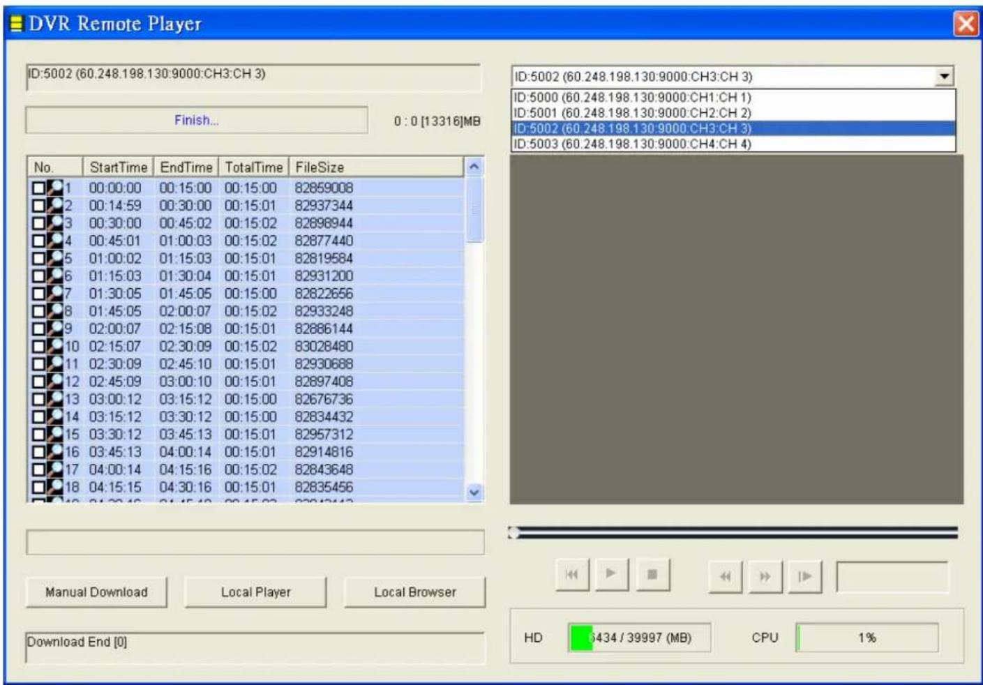 DVR Remote Player ID:5002 (60.248.198.130:9000:CH3:CH 3) Finish... 0 : 0 [13316]MB No. StartTime EndTime TotalTime FileSize 1 00:00:00 00:15:00 00:15:00 82859008 2 00:14:59 00:30:00 00:15:01 82937344 3 00:30:00 00:45:02 00:15:02 82898944 4 00:45:01 01:00:03 00:15:02 82877440 5 01:00:02 01:15:03 00:15:01 82819584 6 01:15:03 01:30:04 00:15:01 82931200 7 01:30:05 01:45:05 00:15:00 82822656 8 01:45:05 02:00:07 00:15:02 82933248 9 02:00:07 02:15:08 00:15:01 82886144 10 02:15:07 02:30:09 00:15:02 83028480 11 02:30:09 02:45:10 00:15:01 82930688 12 02:45:09 03:00:10 00:15:01 82897408 13 03:00:12 03:15:12 00:15:00 82676736 14 03:15:12 03:30:12 00:15:00 82834432 15 03:30:12 03:45:13 00:15:01 82957312 16 03:45:13 04:00:14 00:15:01 82914816 17 04:00:14 04:15:16 00:15:02 82843648 18 04:15:15 04:30:16 00:15:01 82835456 Manual Download Local Player lamal Browser Download End [O] HD 6434 / 39997 (MB) CPU 1%