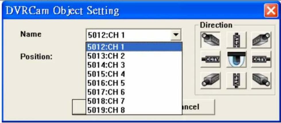 DVRCam Object Setting Name 5012:CH 1 5012:CH 1 Position: 5013:CH 2 5014:CH 3 5015:CH 4 5016:CH 5 5017:CH 6 5018:CH 7 5019:CH 8 Direction CCTV CCTV A123