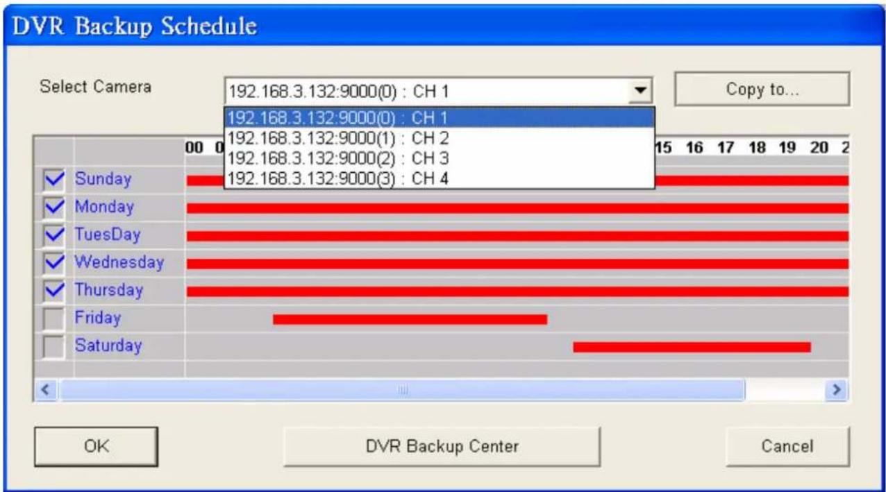 DVR Backup Schedule Select Camera 192.168.3.132:9000(0) : CH 1 192.168.3.132:9000(0) : CH 1 192.168.3.132:9000(1) : CH 2 192.168.3.132:9000(2) : CH 3 192.168.3.132:9000(3) : CH 4 Sunday Monday Tuesday Wednesday Thursday Friday Saturday OK DVR Backup Center Cancel Copy to...