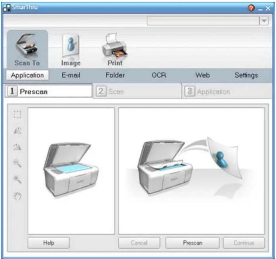 SmartThru Scan To Image Print Application E-mail Folder OCR Web Settings 1 Prescan 2 Scan 3 Application Help Cancel Prescan Continue